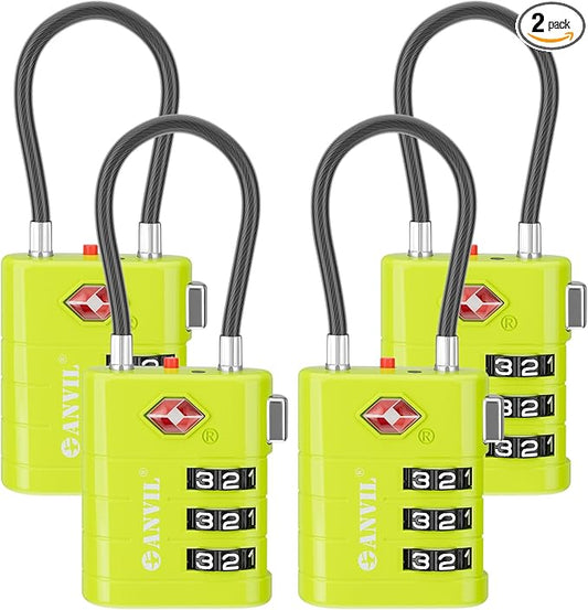 ANVIL TSA Approved Luggage Locks – High Security TSA008 Combination Travel Locks with Inspection Indicator for Suitcases and Backpacks. (4, Grass Green)