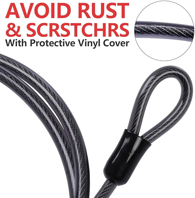DELSWIN Security Steel Cable with Loops - 3/8 inch (10 mm) Thick (6' or 15') Heavy Duty Bike Lock Cable Vinyl Coated Braided Cables for U-Lock and Padlock