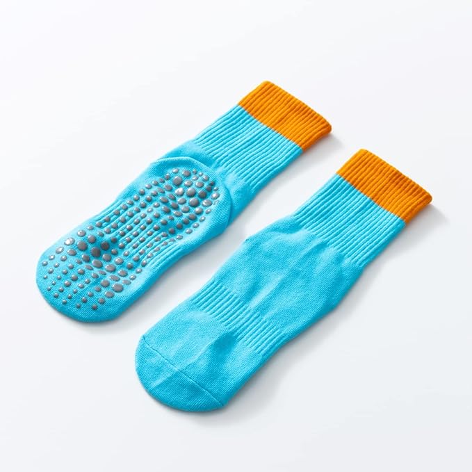 Yoga Pilates Socks with Grips for Women Non Slip Color Blocking Cushioned Crew Socks for Barre Ballet Dance