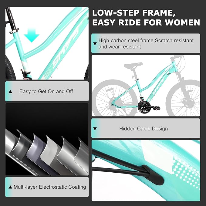 HappyHugs Women’s 26 Inch Mountain Bike, Low-Step Frame, 21-Speed Twist Shifters, Dual Disc Brakes, Front Suspension, 26×2.35 All-Terrain Tires for City Commute & Park Trails
