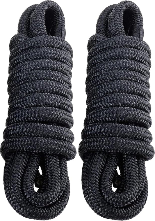 2 Pack 3/4" x 15' Dock Lines - Marine Grade Nylon Boat Rope with 15" Loop for Docking and Mooring - Double Braided Boat Lines, High Strength, Easy Handling, Fray Resistant - Black