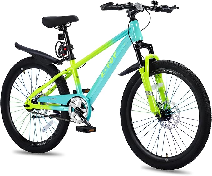 20 24 Inch Kids' Mountain Bike, Front Suspension Fork Kids' Bicycles for Boys Girls, Single Speed Bikes for Girls Boys Ages 8-12, Front and Rear Disc Brakes, Adjustable Seat Height