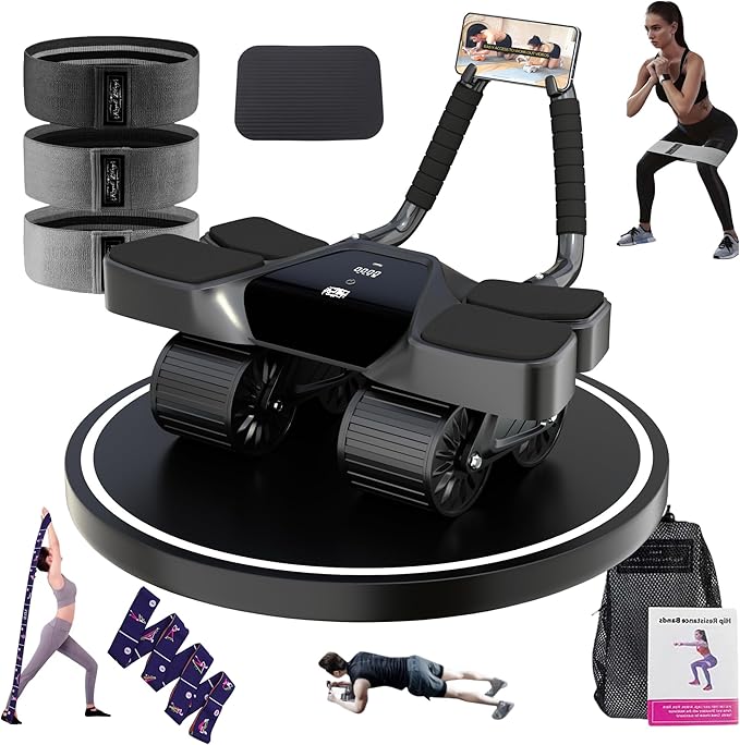 2025 New 4-Wheel Abdominal Roller with Elbow Support : Latest Upgraded High-Performance Exercise Machine With Automatic Rebound, Multi- layered Anti-Slip Design with Calorie Counting LCD Screen