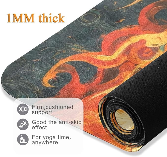 Phoenix Pattern Yoga Mat, 71 x 26 Inch Non-slip Yoga Mats Folding Travel Exercise Mat Indoor Outdoor Gym Pilates with Storage Bag for Women Men