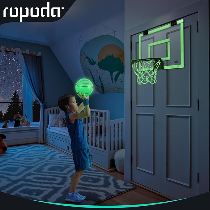 ropoda Mini Basketball Hoop - Glow in The Dark, Over The Door Basketball Hoop Indoor, Indoor Basketball Hoop Backboards for Teens and Adults, Mini Hoop for Kids with 4 Balls and Pump