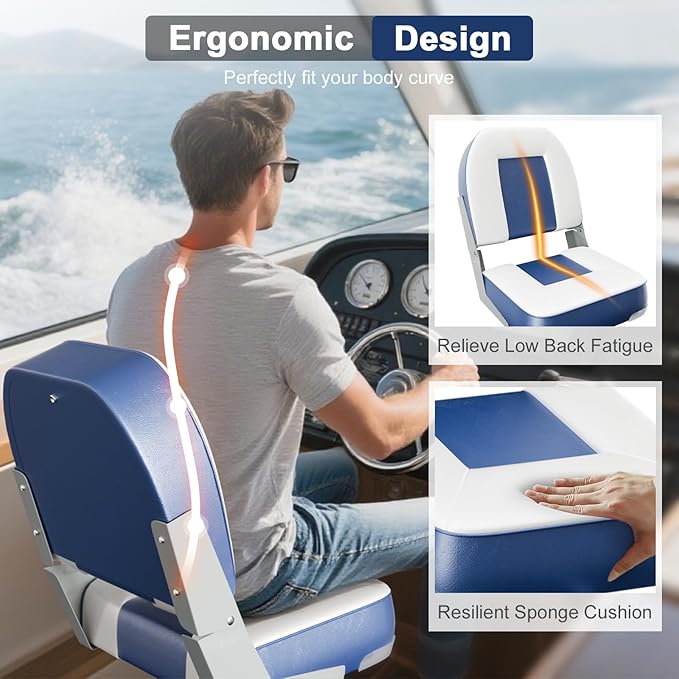 2-Pack 20" High Back Boat Seat with Thickened Sponge Padding and Hinge, Waterproof Boat Captain Chairs, Easy to Store, Ideal for Fishing, Sightseeing, Boating Blue