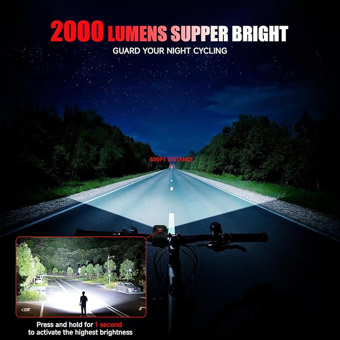 Bike Light for Night Riding, 2000LM/1000LM Bicycle Headlight & Taillight, Multiple Modes,3000mAh/2000mAh USB C Rechargeable Waterproof LED Bright Bike Headlights for Cyclists and Commuters