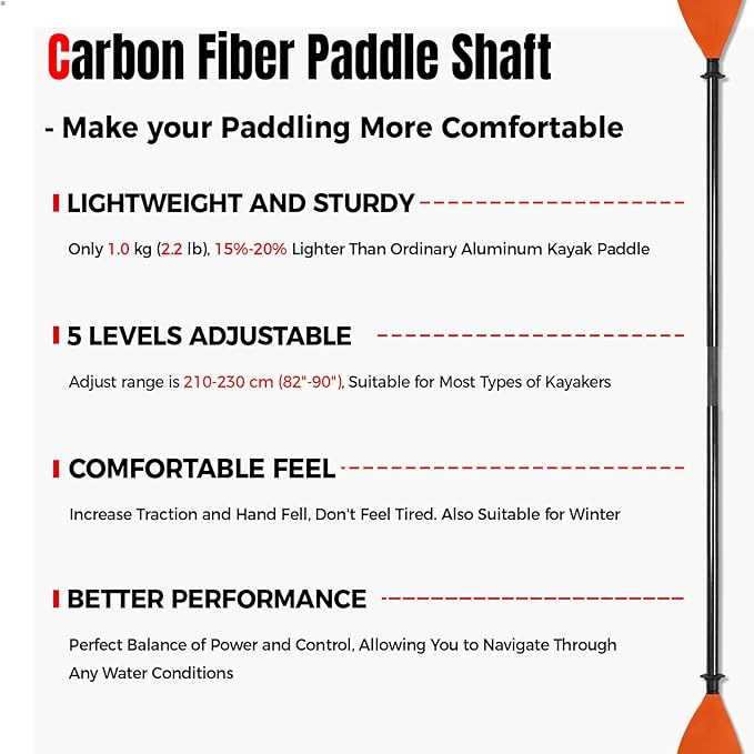 Kayak Paddle Carbon Fiber Shaft and Reinforced Nylon Blade, Adjustable Kayaking Oars, 3 Piece, 230-250 cm/90-98 Inches,210-230 cm/82-90 inches