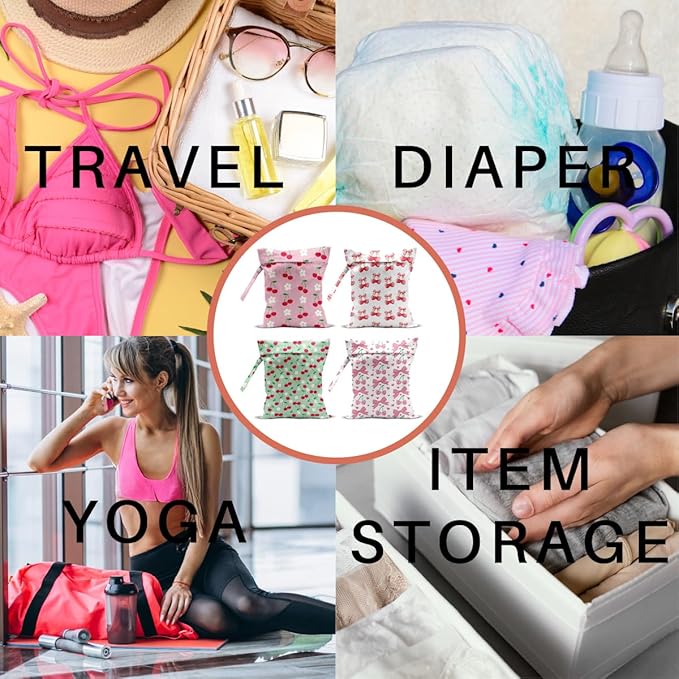 4 Pack Cute Flower Bow Cherry Wet Bag Waterproof Washable Reusable Wet Dry Bag for Swimsuit Bathing Clothes Soiled Items Cloth Diaper Travel BeachYoga Gym Toiletries Travel Beach Essentials