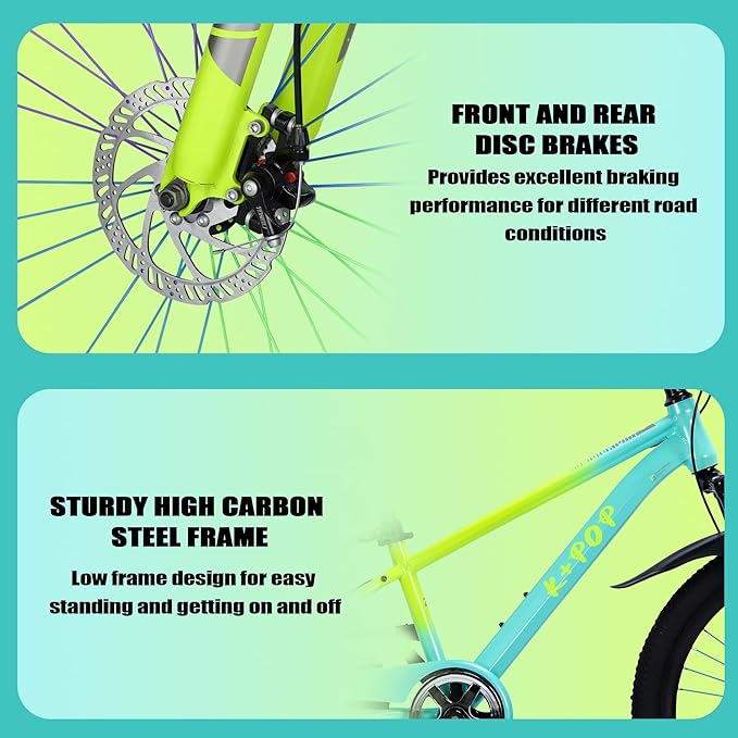 20 24 Inch Kids' Mountain Bike, Front Suspension Fork Kids' Bicycles for Boys Girls, Single Speed Bikes for Girls Boys Ages 8-12, Front and Rear Disc Brakes, Adjustable Seat Height