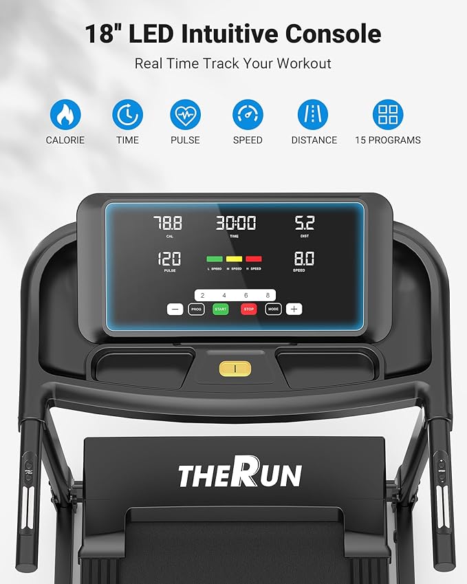 THERUN Home Treadmill with Incline Adjust, 3.0 HP Treadmill, Heart Rate Monitoring, Wider Running Belt