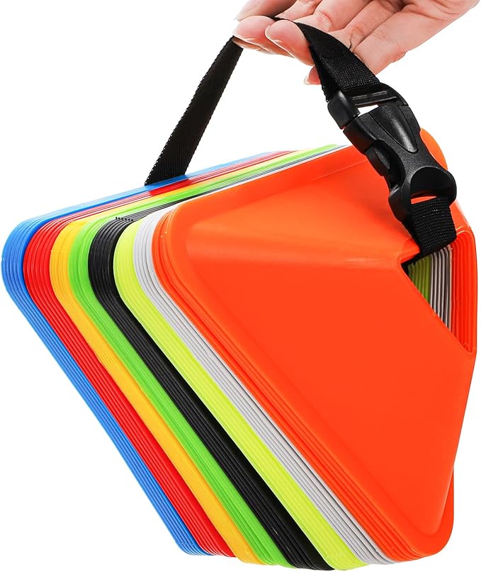48 Pack Triangle Soccer Cones, Flexible Agility Cones with Carry Bag and Strap, Sports Drill Cones for Training, Plastic Traffic Marker Cones for Football Basketball Coaching, 8 Colors