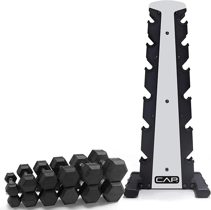 CAP Barbell Rubber Coated Dumbbell Weight Set with Vertical Rack | 100 lb, 150 lb, and 210 lb Options