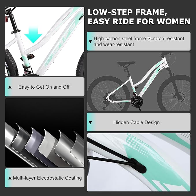 HappyHugs Women’s 26 Inch Mountain Bike, Low-Step Frame, 21-Speed Twist Shifters, Dual Disc Brakes, Front Suspension, 26×2.35 All-Terrain Tires for City Commute & Park Trails