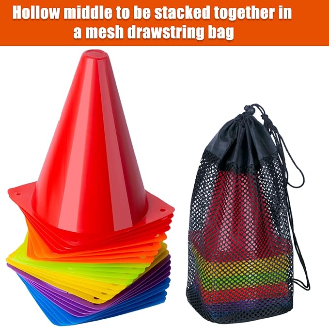 7 Inch Soccer Cones, 24 Pack Cones Sports Training Agility Field Marker Plastic Cones for Skating Basketball Football Practice Drills, Indoor Outdoor Activity Events Games Obstacle Course - 6 Colors