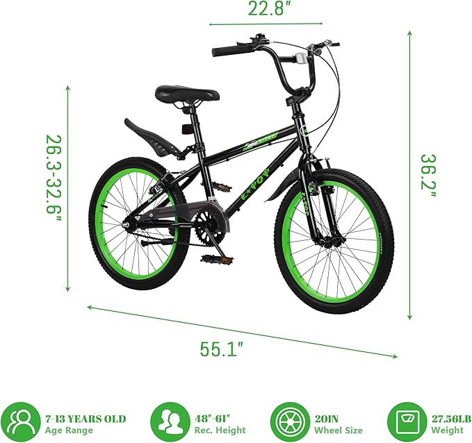 20 Inch Freestyle BMX Bike Bicycles, 20 Inch Boys Bikes Kid Bicycle for 7-12 Years Old Kid and Beginner Level Rider, Single Speed, Outdoor Cycling Bike Kids Mountain Bike, Multiple Colors
