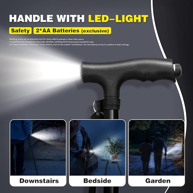 BigAlex Folding Walking Cane with LED Light,Pivoting Quad Base,Adjustable Walking Stick with Carrying Bag for Men/Women