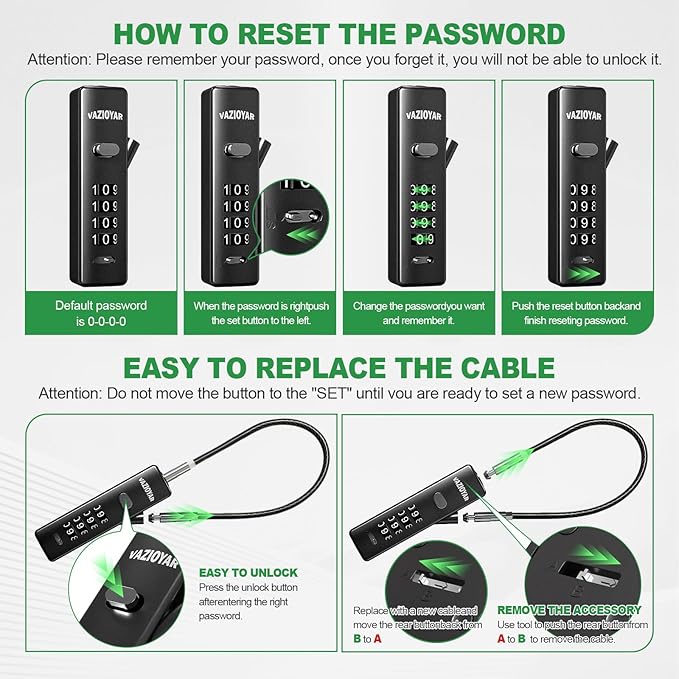 Cable Locks with Combination,Bicycle Lock, Suitcases Lock,Comes with 3 Different Lengths of Cables, Reconfigurable 4-Digit Password Lock,Zinc Alloy Reinforced Lock Body (Black)