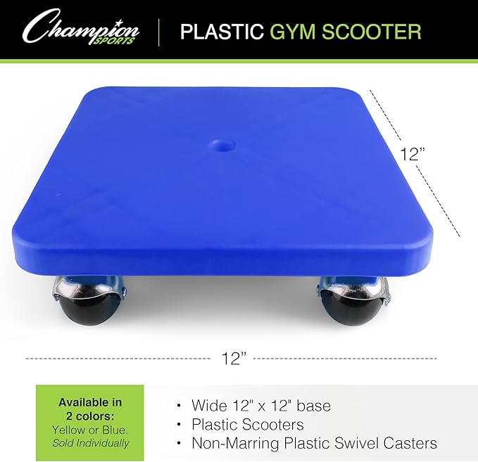 Champion Sports Scooter Board – Choice of Handles or No Handles, Durable Plastic Scooters for Youth Gym & PE Class, Indoor & Outdoor Play, Non-Marring Wheels, Multiple Sizes & Colors