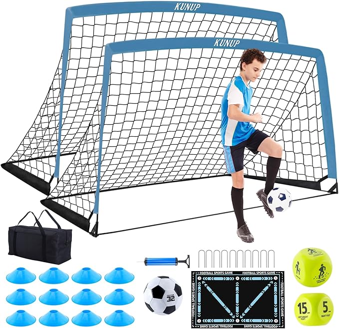 2 Pack Kids Soccer Goal for Backyard Set 6x4FT Portable Pop Up Soccer Net Training Equipment with Soccer Ball, Training Dice Mat, Cones and Carry Bag for Youth Toddler Teams Indoor Outdoor Sport Game