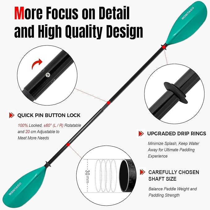 Kayak Paddle with Fiberglass Shaft and Reinforced Nylon Blade, Adjustable Kayaking Oars, 3 Piece, 230-250 cm/90-98 inches, 210-230 cm/82-90 inches