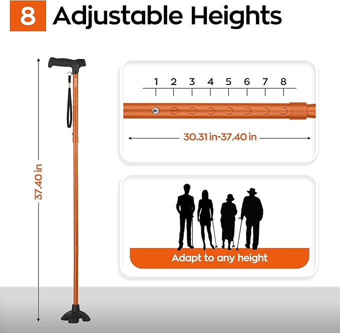 Walking Cane for Men and Women, Extended Grip; Solid Base; Foldable; Adjustable Heights; Lightweight; Free Standing; Portable Canes for Seniors (Orange)
