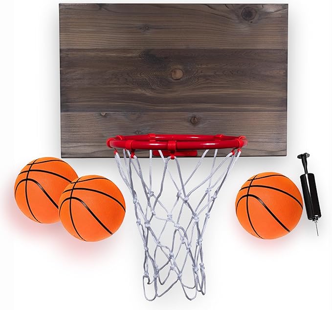 All-Star Mini Indoor Basketball Hoop & Ball Set in Solid red Cedar Made in USA. Unique Over The Door or Wall Option 3 Mini Basketballs for Indoor Fun.