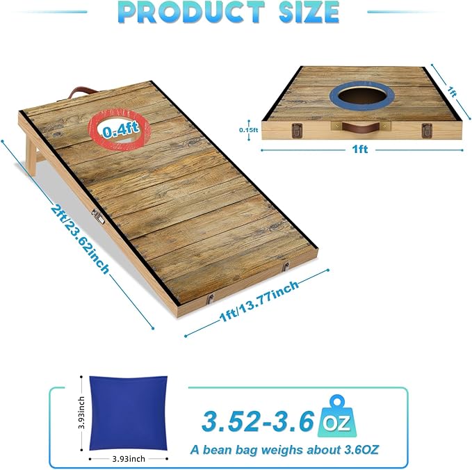 Portable Cornhole Board Set 2 ft x 1 ft Cornhole Set with 6 Bean Bags Foldable Cornhole Game for Kids and Adult Indoor or Outdoor Backyard Corn Hole Toss Games