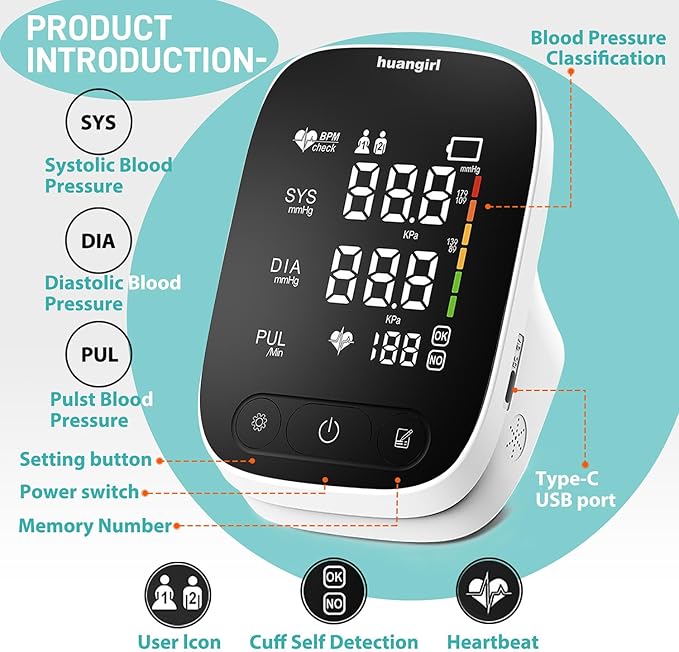 huangirl Upper Arm Blood Pressure Monitor, Blood Pressure Monitors for Home Use, Talking Automatic Blood Pressure Monitor LED Color Screen Large BP Cuff 8.7-17 Inche for 2 Users