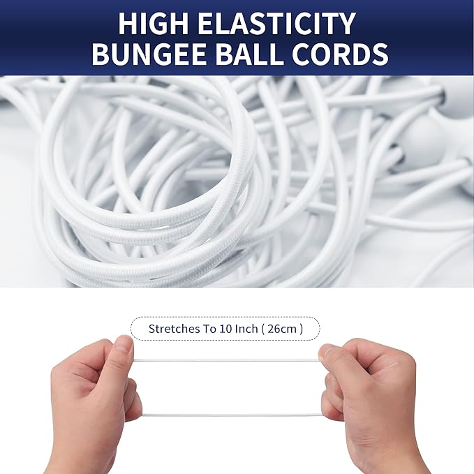 6 Inch Ball Bungee Cords, Heavy Duty UV Resistant Elastic Strap, Reusable Tie Down Cord with Balls, Indoor Outdoor Cords for Golf Net, Soccer Goals, Camping, Tent Poles, Hose (White, 50 Pack)