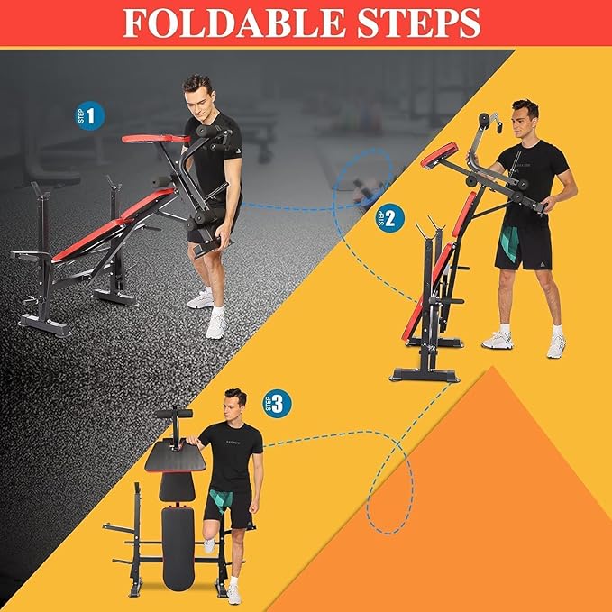 660lbs Weight Bench Set With Squat Rack, 6 in 1 Bench Press Set with Preacher Curl Pad, Weight Benches for Home Gym With Leg Extension, Foldable Incline Decline Workout Bench (Yellow)