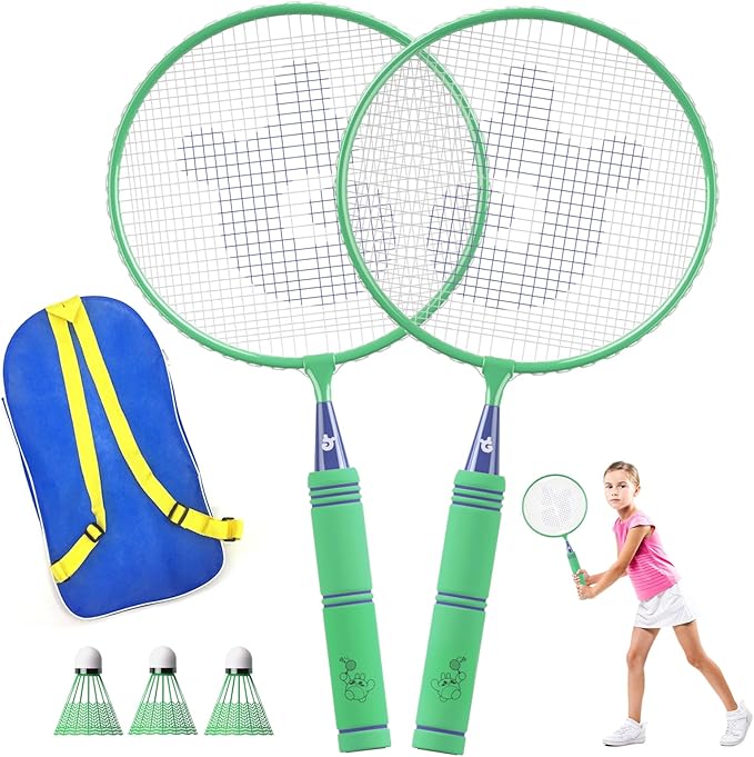 JOY SPOT! Kids Badminton Rackets Set with Soft Grip, Oversize & Lightweight Shuttlecocks Racquet with Carry Bag for Children Youth, 2 Player Sport Game for Indoor Outdoor Backyard