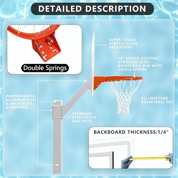 PROGOAL Aluminum Shot and Dunk Poolside Basketball Hoop - In Ground Removable Rust-Resistant Adjustable Height Pool Basketball Game System with Clear Backboard 1/2 Springs Rim and Three Balls