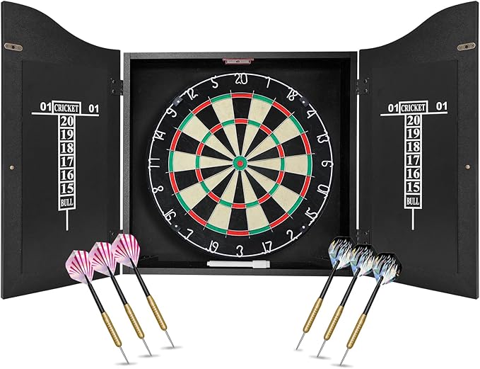 Bristle Dart Board Set, Professional Dart Board 18" with 6pcs 18g Darts Outdoor Dartboard Set, Compressed Sisal Metal Wire Board with Rotating Number Ring