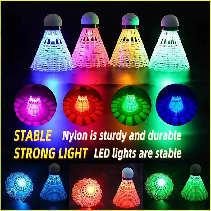 LED Badminton Birdies 4/5/6 PCS,Nylon Glow in The Dark Badminton Shuttlecocks,Goose Feather Colourful Lighting Birdies, Plastic Light Up Birdie Balls for Indoor Outdoor Sports Activities