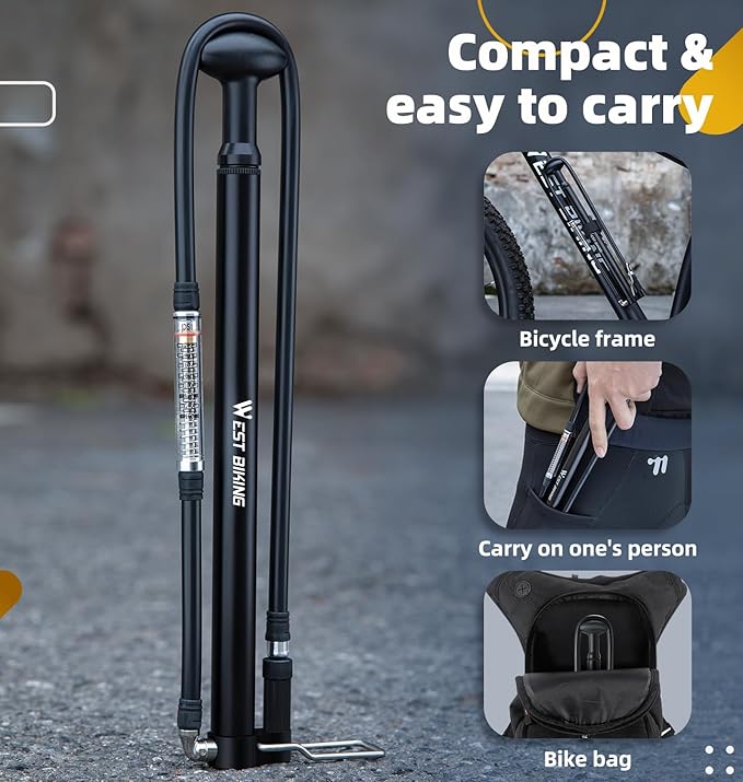 Mini Bike Pump Portable Bicycle Pump, Aluminum Alloy 160PSI Floor Bike Pump Fits Presta And Schrader Valves, Lightweight Air Bike Tyre Pump for Road Mountain Bike Balls