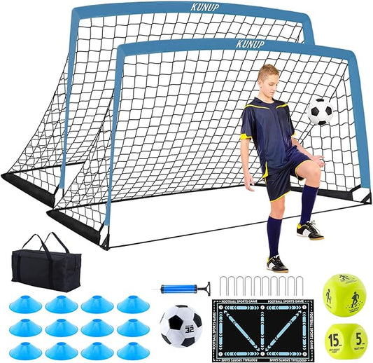 2 Pack Kids Soccer Goal for Backyard Set 9x5FT Portable Pop Up Soccer Net Training Equipment with Soccer Ball, Training Dice Mat, Cones and Carry Bag for Youth Toddler Teams Indoor Outdoor Sport Game