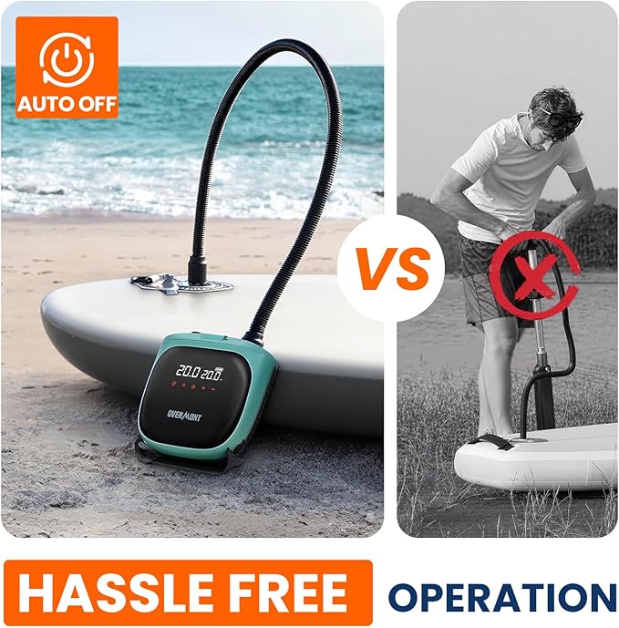 Overmont Paddle Board Pump Electric Portable, 20PSI Rechargeable SUP Air Pump with Auto-Off, Fast Dual Stage Inflation & Deflation, LCD Display, 12V Car Adapter for Inflatables, Kayaks, Boats, Tents