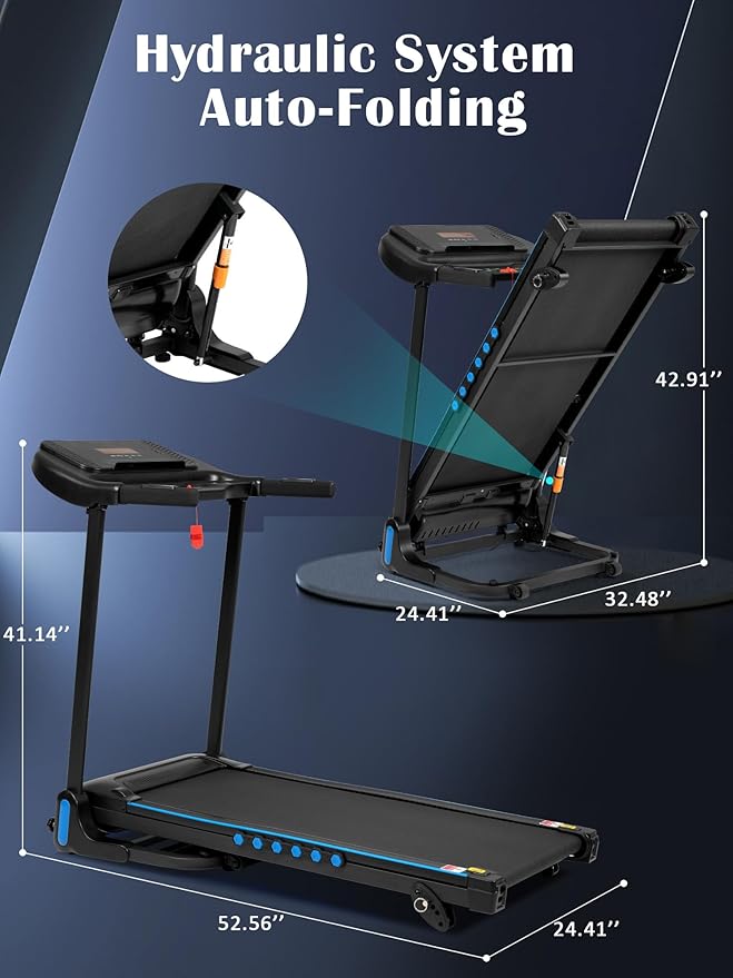 Treadmills for Home, 10MPH Quiet Auto Foldable Treadmill with Incline, 3.0 HP Treadmills for Running Walking with 350LBS Weight Capacity, Double Deck, Bluetooth Speaker, Pulse Sensors, Charge Station