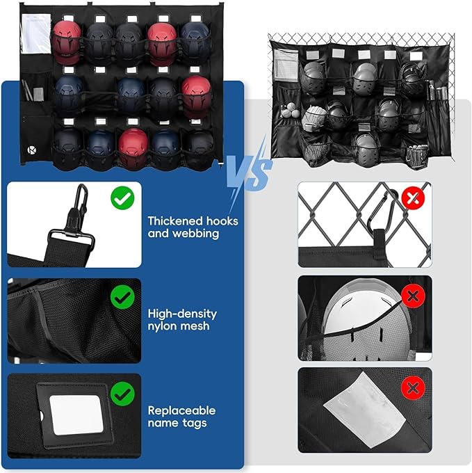 Baseball/Softball Dugout Organizer - 15+ Helmet & Glove Storage Bag, Military-Grade 900D Fabric & 6 Reinforced Steel Hooks