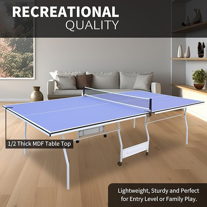 Professional Table Tennis Table, Foldable Ping Pong Game Set for Indoor, 8FT 9FT Single Player Playback Mode Ping Pong Table with Net and Post Set, 2 Paddles and 3 Balls