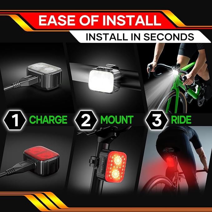 Bike Lights 3 Set, Rechargeable Bicycle Light Super Bright 8+12 Modes, IPX6 Waterproof Bike Lights for Night Riding Cycling Safety, Front and Rear Back Taillight, Long Battery Life