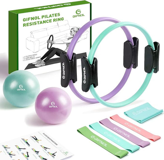Pilates Ring and Ball Set with Resistance Bands - Pilates Equipment for Home Workout - 14'' & 12'' Pilates Rings, 2 Pilates Balls, 5 Resistance Bands for Toning Arms, Thighs/Legs & Core