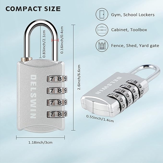 DELSWIN Small Combination Lock for Locker - 4Pack Resettable Luggage Locks for Backpack Suitcase - Gym Employee Locker Lock Combo Padlock