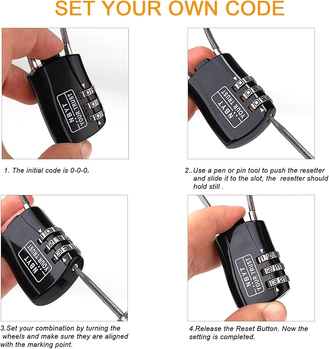 3-Digit Steel Cable Combination Padlock, Wire Diameter 3/24", 24" Circumference,for Travel Luggage, Backpack, Cycling Helmet, Small Cabinet, Gym Cabinet, Suitcase