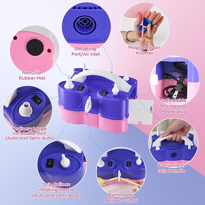 3-in-1 Electric Balloon Pump, Portable Electric Air Pump for All Balloons Inflatables Dual Nozzle Balloon Blower Machine for Latex 260q Foil Balloons 110V AC Inflator Deflator for Inflatable Pool Bed