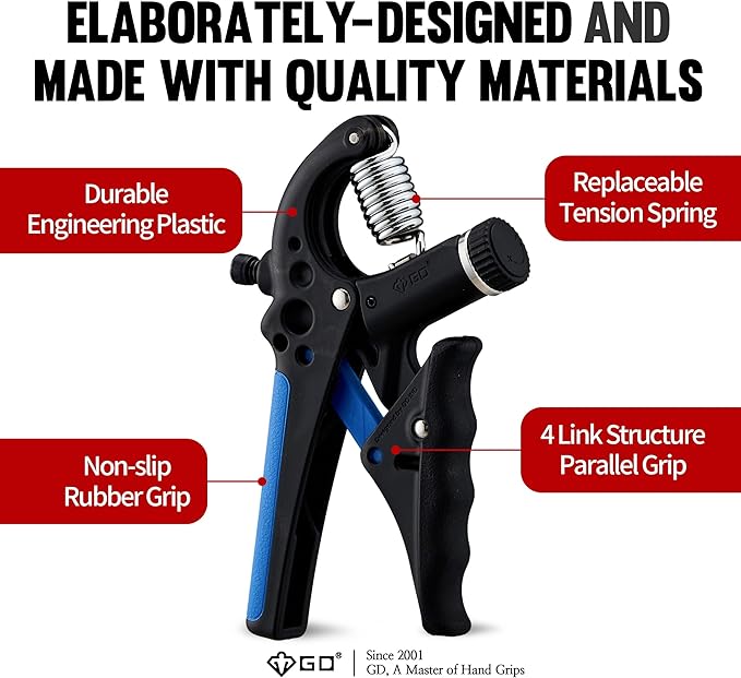 GD Grip2 Hand Grip Strengthener (Grip Strength Trainer) Adjustable Gripper (22~77lbs) Forearm and Wrist Exerciser Strengthener for Grip Strength