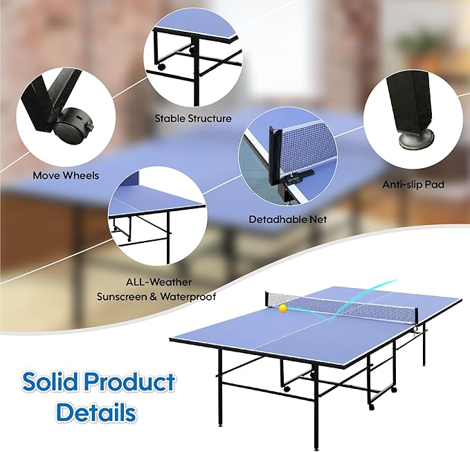 9FT Mid-Size Table Tennis Table, Professional Foldable Ping Pong Table for Indoor & Outdoor with Net, 2 Table Tennis Paddles and 3 Balls - Perfect for Family Game Rooms