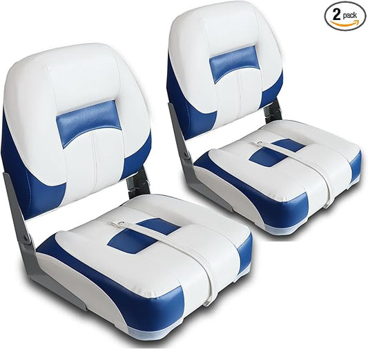Boat Seats 2 Pack, Low Back Folding Bass Boat Seat for Fishing Jon Pontoon, White/Blue