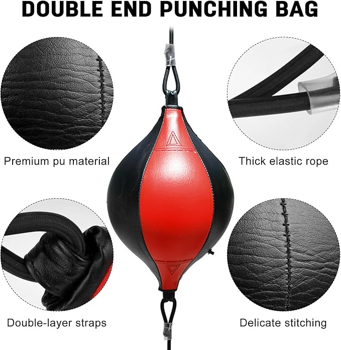Double End Bag, Boxing Speed Bag with Adjustable Elastic Cords, PU Leather Punching Bag for Adults Kids Fitness Training